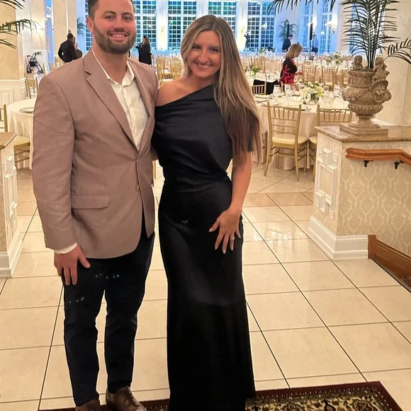 Significant Other Navy satin off the shoulder maxi gown - Picture 2 of 5